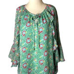 Jade Shirt Women Large Green Floral Ruffle Bell Sleeve Peasant Top Boho Cottage Green Photo 0