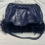 Vintage Castellari Navy Blue Leather & Fur Shoulder Bag, Y2K Dark Blue Italian Photo 0