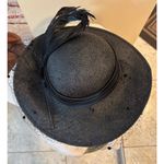 Vintage Accessory Lady Black Straw Hat Veil Feather Detail Wide Brim 13.5" Photo 2