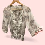 Daniel Rainn Cute creamy floral sheer crochet trim elastic waist tie neck boho blouse Photo 0