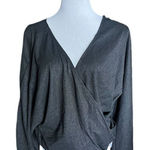JustFab NWT Womens Just Fab Metallic Shimmer Black Ribbed Faux Wrap Top Blouse M Photo 0