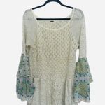 Free People Pointelle Breeze Bell Sleeve Top Tunic Medium M Blue Ivory Photo 3