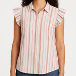 st. john's bay  Orange Striped Smocked Front Ruffled Sleeve Collared Blouse XL Photo 0