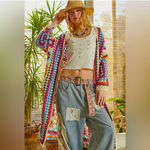 POL Long Multicolored Boho Grannie Square Crochet Sweater Cardigan Duster Photo 2
