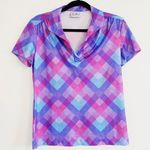 Vintage 70s Argyle Plaid Short Sleeve Blouse Medium Magenta, Bubblegum Pink Photo 1