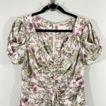 Cinq à Sept Cinq A Sept White Floral Ruched Front Short Sleeve V-neck Midi Dress Size 4 Photo 1