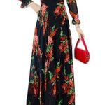 Black Red Floral Tie Bow Neck Maxi Long Dress Sheer Long Sleeve size 14 NWT Photo 0