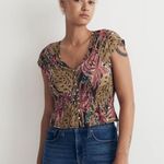 Madewell Shirred Cap-Sleeve Top in Brushstroke Monstera Dark Coffee Large Photo 0