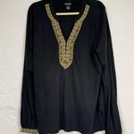 Lucky Brand  Black Gold Beaded Boho Blouse Womens XL Classic Embroidery Shirt Top Photo 0