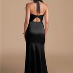 Azazie  EMERIA | Black Sheath Side Slit Metallic Satin Dress Photo 7