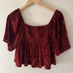 American Eagle  Red Velvet Cropped Smocked Blouse Flare Sleeves Photo 1