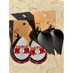 Baseball Mom & Black Teardrop Faux Leather Earrings Set Red Photo 4