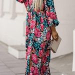 NEW Black & Bold Floral Print V Neck High Waist Long Lantern Sleeve Midi Dress Photo 2