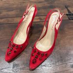 Ellen Tracy Women Red Suede Embellished Slingback Heels Pumps Size 7.5 Photo 2