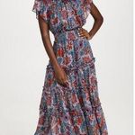 MISA Los Angeles Misa Suki Cerulean Flora Metallic Chiffon Floral Ruffle Midi Dress Photo 0