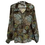 Liz Baker  Women's Brown Green Blue Long Sleeve Button Up Sheer‎ Blouse Size XL Photo 0