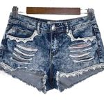 Harmony & Havoc Lace Embroidered Blue Acid Wash Distressed Denim Shorts NWOT Photo 0