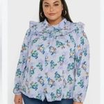 Lost Ink | Women’s Plus Size 4X Ruffled Floral Fruit Button Down Blouse Blue Photo 1