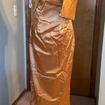 NWOT gold satin one shoulder prom dress with bow on shoulder back slit size 8 Photo 0
