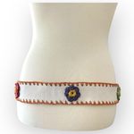 Vintage White Brown Genuine Leather Floral Whipstitch Belt Flowers Applique 90’s Photo 3