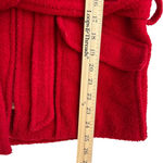 Sandro  cherry red fleece belted jacket with plaid hood and cuffs. Size M EUC Photo 11
