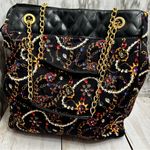 Monet  Black Gold Chain Pattern Tote Bag Vintage 80s Jewelry Print Large Cloth Photo 8