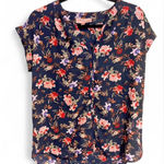 Philosophy Size S Navy Blue Floral Blouse V-Neck Cuffed Sleeve Dark Moody Print Photo 0