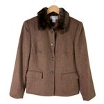 Talbots Faux Fur Collar Wool Herringbone Tweed Button Front Jacket in Brown Sz 8 Photo 3