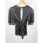 EXPRESS Blouse Women S Black Metallic Deep V-Neck Keyhole Button Back Tie Waist Photo 1