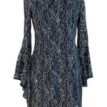 XScape  Metallic Floral Lace Long Bell Sleeve Sheath Navy Blue Size 6 Boat Neck Photo 0