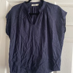 Mod Ref  Womens Navy Linen Blend Blouse Small Short Sleeve Coastal V neck Tunic Photo 0
