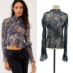 Free People Hello There Top Blouse Smocked Flare Sleeve Mesh Floral Blue Large Photo 1