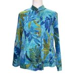 Chico's Teal Blue Leaf Floral Cotton Spandex Jacket Blazer Sz 2 Large 12 Photo 1