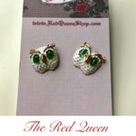 Red Queen Hoot White Teal Gold Owl Earrings Photo 1