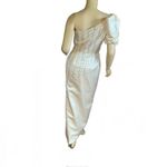 VINTAGE 1980'S HAND CRAFTED CREAM RHINESTONE SATIN SINGLE SHOULDER DRESS (S) White Photo 2