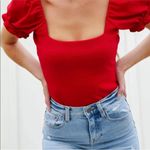 Show Me Your Mumu NWT Baker Bodysuit in Red Stretch Puff Sleeves Photo 2