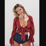 For Love & Lemons Davina Red Floral Tie Front Cropped Blouse XS Photo 1