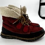 Sorel Explorer Carnival Boot Leather Waterproof Ankle Faux Sherpa Fur EVA Red 6 Photo 2
