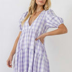 English Factory  Tuckernuck Gingham Puff Sleeve Tiered Midi Dress Purple White XS Photo 0