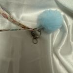 Handmade  Blue and Pink Floral Wristlet Keychain with Light Blue Pompom Photo 3