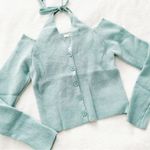 Kfashion Kpop Y2K Dusty Blue Halter Off Shoulder Winter Knitted Cardigan Top Size XS Photo 3