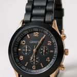 Geneva Watch Black Silicone Band Gold Accents Women's Fashion Wristwatch Photo 0