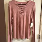 SO  Women's Blush Color Lace-Up  Ribbed Long Sleeve Top Photo 2