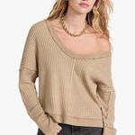 Free People NWOT Taupe Ribbed Knit sweater top scoop neck off the shoulder Photo 0