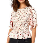 MELLODAY Floral Blouse Cropped Short Sleeve Women’s Size Medium Peplum Red/White Photo 0