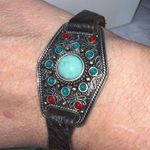 Lucky Brand Signed Native Silver Tone Bracelet Faux Leather Beaded Adjustable Bu Photo 2