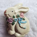 Easter Bunny Jewelry Pin Brooch Painted Vintage Flowers Bow Distressed Photo 2