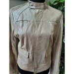 Bebe  Women's Metalic Beige 100% Leather Long Sleeve High Neck Front Zip Jacket L Photo 1