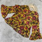 Loft Woodland Bell Sleeve Blouse Top Sheer Floral Print Mustard Yelloww Boho L Photo 2