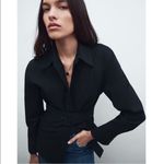 ZARA  Navy Blue Buckle Belt Button Down Shirt Blouse Photo 1